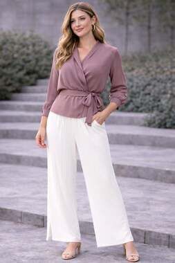 H&M White Textured Ribbed Wide Leg Pants with Side Slits